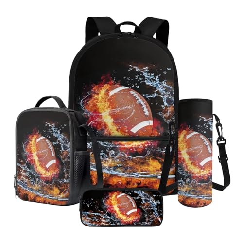 Tevecatos 4 in 1 Schulrucksack-Set Leichte Schultaschen für Mädchen Jungen mit Lunchbox Stifteetui und Wasserflaschenhalter, Rugby Flame Water, Einheitsgröße von Tevecatos
