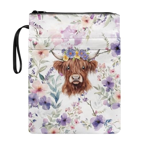 Tevecatos Highland Cow Floral Print Book Case Wristlet Strap Organizer Washable for Teacher Parents Pocket Book Protector von Tevecatos