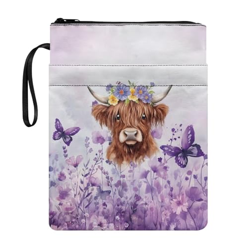 Tevecatos Highland Kuh Schmetterling Blumendruck Buchtasche Reise Schutz Multifunktional mit Armband für Leser Bibliothekar Organizer von Tevecatos