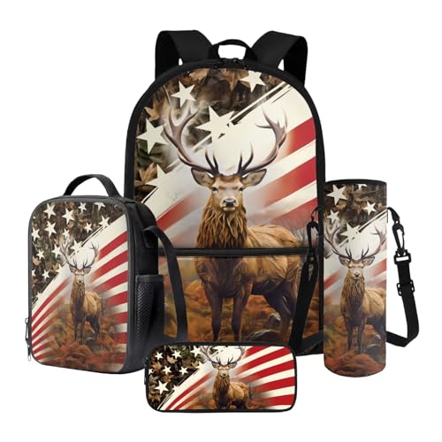 Tevecatos Rucksack Lunchbox Bagpack Set Büchertaschen Kinder Schultaschen mit Federmäppchen und Wasserflaschenhalter, 4 Stück, Amerikanische Flagge mit Elchjagd-Wald, Einheitsgröße von Tevecatos
