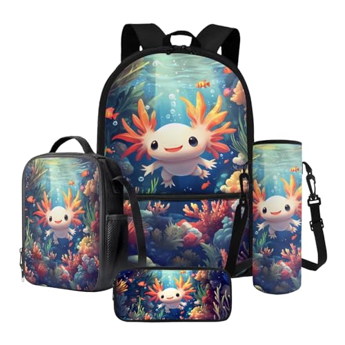 Tevecatos Rucksack Lunchbox Bagpack Set Büchertaschen Kinder Schultaschen mit Federmäppchen und Wasserflaschenhalter, 4 Stück, Axolotl Korallenfisch, Einheitsgröße von Tevecatos