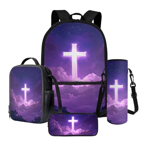 Tevecatos Rucksack Lunchbox Bagpack Set Büchertaschen Kinder Schultaschen mit Federmäppchen und Wasserflaschenhalter, 4 Stück, Cross Cloud Galaxy, Einheitsgröße von Tevecatos