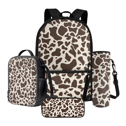 Tevecatos Rucksack Lunchbox Bagpack Set Büchertaschen Kinder Schultaschen mit Federmäppchen und Wasserflaschenhalter, 4 Stück, Kuhfleck, Einheitsgröße von Tevecatos