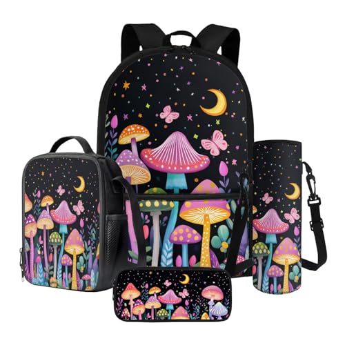 Tevecatos Rucksack Lunchbox Bagpack Set Büchertaschen Kinder Schultaschen mit Federmäppchen und Wasserflaschenhalter, 4 Stück, Pilz Schmetterling Stern Mond, Einheitsgröße von Tevecatos