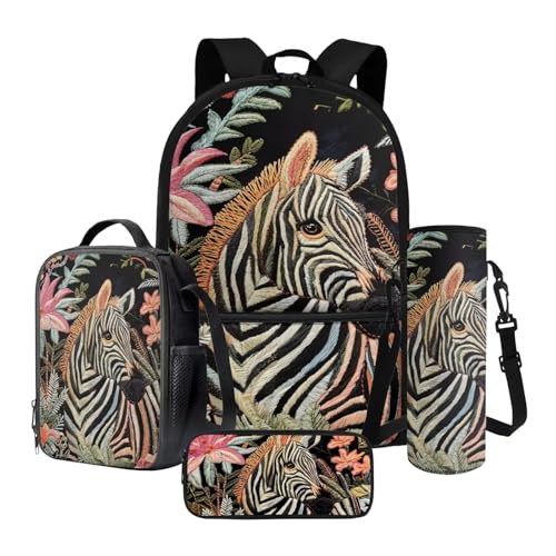 Tevecatos Rucksack Lunchbox Bagpack Set Büchertaschen Kinder Schultaschen mit Federmäppchen und Wasserflaschenhalter, 4 Stück, Tropisches Zebrablatt, Einheitsgröße von Tevecatos