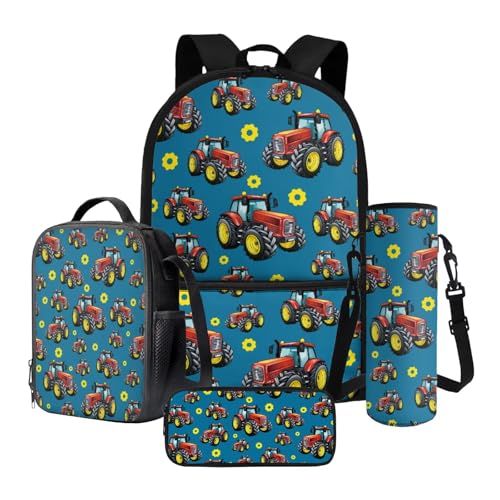 Tevecatos Rucksack Set für Schule Jungen Rucksack mit Lunchbox Federmäppchen und Wasserflaschenhalter Büchertasche Set, 4 Stück, Traktor, Einheitsgröße von Tevecatos