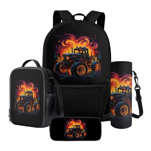 Tevecatos Rucksack Set für Schule Jungen Rucksack mit Lunchbox Federmäppchen und Wasserflaschenhalter Büchertasche Set, 4 Stück, Traktor Fire, Einheitsgröße von Tevecatos