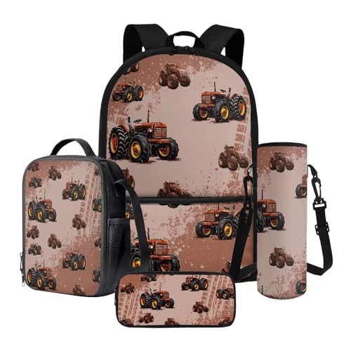 Tevecatos Rucksack für Jungen und Mädchen, Schultasche mit Lunchbox, Federmäppchen und Wasserflaschenhalter, 4-in-1-Rucksack, Spritzlack-Traktoren, Einheitsgröße von Tevecatos
