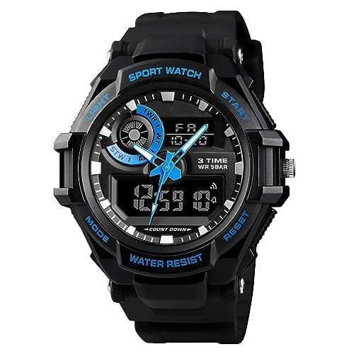 Tevimpeya Herren Analog Digital Armbanduhr 50M Wasserdicht Outdoor Sport Uhren Multifunktions Leuchtende Herren Elektronische Armbanduhr PU Armband Schwarz, blau, M von Tevimpeya