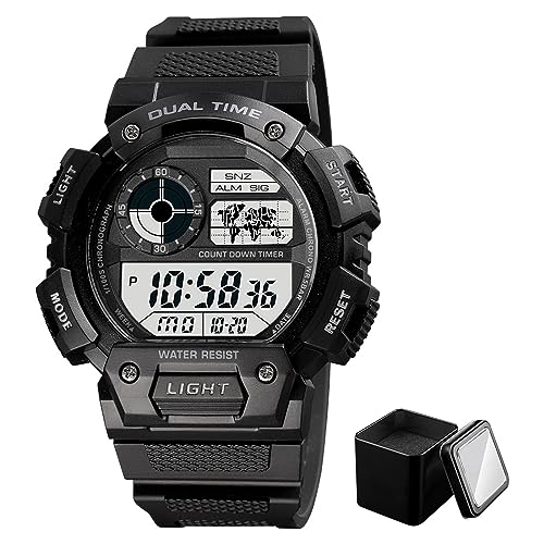 Tevimpeya Herren Digital Quarzuhr, 50 m wasserdichte elektronische Sportuhr, Dualzeit leuchtende Outdoor-Digitaluhren, PU-Armband, grünes Camouflage, Schwarz , M von Tevimpeya