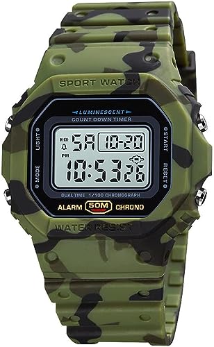 Tevimpeya Herren Digital Quarzuhr Stoßfest Unisex Digitaluhren 50M Wasserdicht Outdoor Sportuhr Elektronische Uhr PU Armband Grau Camo, Army Green Camouflage von Tevimpeya