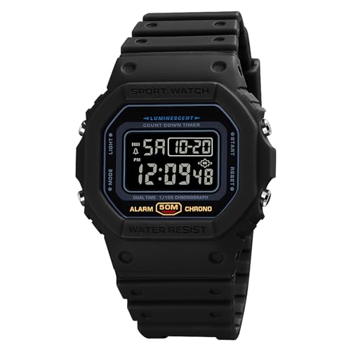 Tevimpeya Herren Digital Quarzuhr Stoßfest Unisex Digitaluhren 50M Wasserdicht Outdoor Sportuhr Elektronische Uhr PU Armband Grau Camo, schwarz/schwarz von Tevimpeya