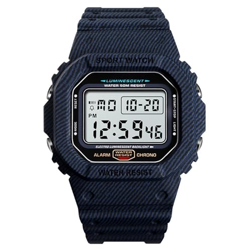 Tevimpeya Herren Digital Quarzuhr Unisex Stoßfest Outdoor Digital Uhren 50M Wasserdicht Jungen Sportuhr EL Licht Display PU Armband Grün Camouflage, denim-blau, M von Tevimpeya