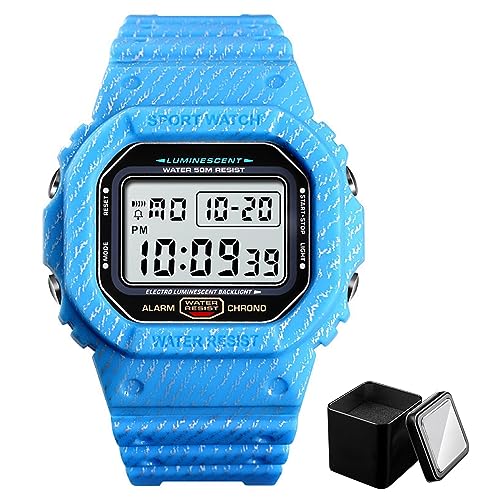 Tevimpeya Herren Digital Quarzuhr Unisex Stoßfest Outdoor Digital Uhren 50M Wasserdicht Jungen Sportuhr EL Licht Display PU Armband Grün Camouflage, hellblau, M von Tevimpeya