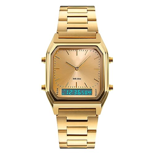 Tevimpeya Modische Herren-Armbanduhr, Edelstahlband, 30 m wasserdicht, digitale und analoge Uhr, Silberblau, goldfarben, M von Tevimpeya