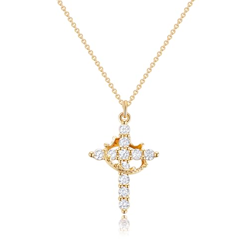 Tewiky 14K vergoldete Halskette mit Krone und Kreuz für Damen, Glaubensschmuck Geschenk zur Erstkommunion, Gold Tewiky 14K vergoldete Halskette mit Krone und Kreuz für Damen, Glaubensschmuck Geschenk zur Erstkommunion, Gold von Tewiky