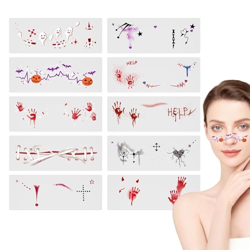 Temporäre Halloween-Aufkleber,Halloween-Gesichtsaufkleber, Halloween-Cosplay-Make-up mit Blutmuster, 10X Halloween-Aufkleber für Erwachsene, Hexen-Make-up für Frauen, Partygeschenke Süßes oder Saures von Tewzafiya