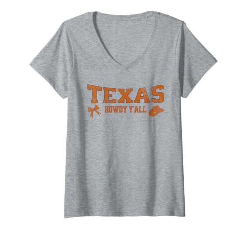 Damen Texas Howdy Y’All. Varsity Cowboy Hat and Coquette Bow Funny T-Shirt mit V-Ausschnitt von Texan Pride Outfitters