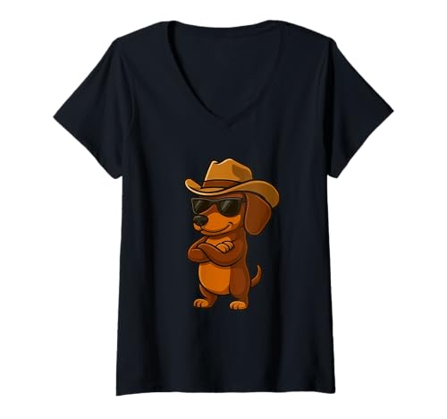 Damen Hund trägt Cowboyhut Sonnenbrille Texas T-Shirt mit V-Ausschnitt Damen Hund trägt Cowboyhut Sonnenbrille Texas T-Shirt mit V-Ausschnitt von Texas Cool Dackel Dog Designs