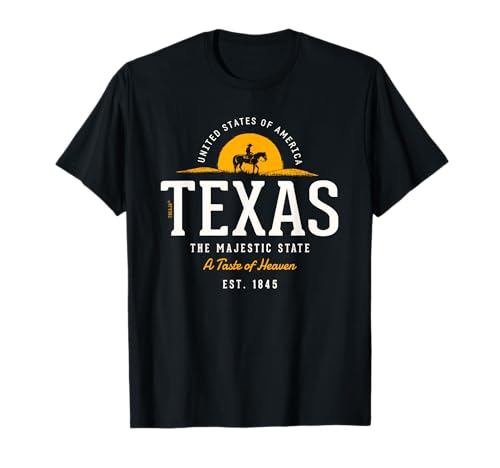 Texas Souvenirs von Treaja Damen Retro Texas T-Shirt Schwarz S Klassische Passform Kurzarm Crew-Kragen Pull-On 100% Polyester Non-Stretch Klassisch geschnitten Doppelt genähter Saum von Texas Souvenirs von Treaja