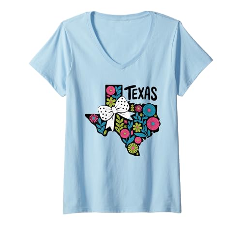 Damen Women's Texas Floral top – Bright Flowers with Polka Dot Bow T-Shirt mit V-Ausschnitt Damen Women's Texas Floral top – Bright Flowers with Polka Dot Bow T-Shirt mit V-Ausschnitt von Texas Wildflower State Threads, Gifts and Apparel