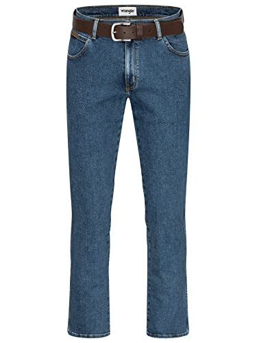 Wrangler Stretch Herrenjeans mit Gürtel in schwarz oder braun (W36/L30, Stonewash + brauner Gürtel) von Texas