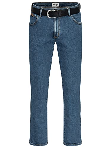 Wrangler Stretch Herrenjeans mit Gürtel in schwarz oder braun (W36/L32, Stonewash + schwarzer Gürtel) von Texas