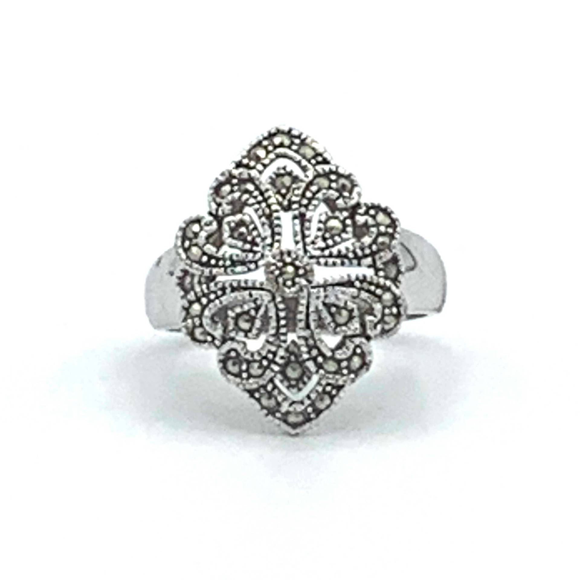 Jugendstil-Ring Aus Markasit-Silber, Durchbrochener Wirbel, Silberfarbener Ring, Größe 9, 75, Statement-Filigran von TexasGalTreasures
