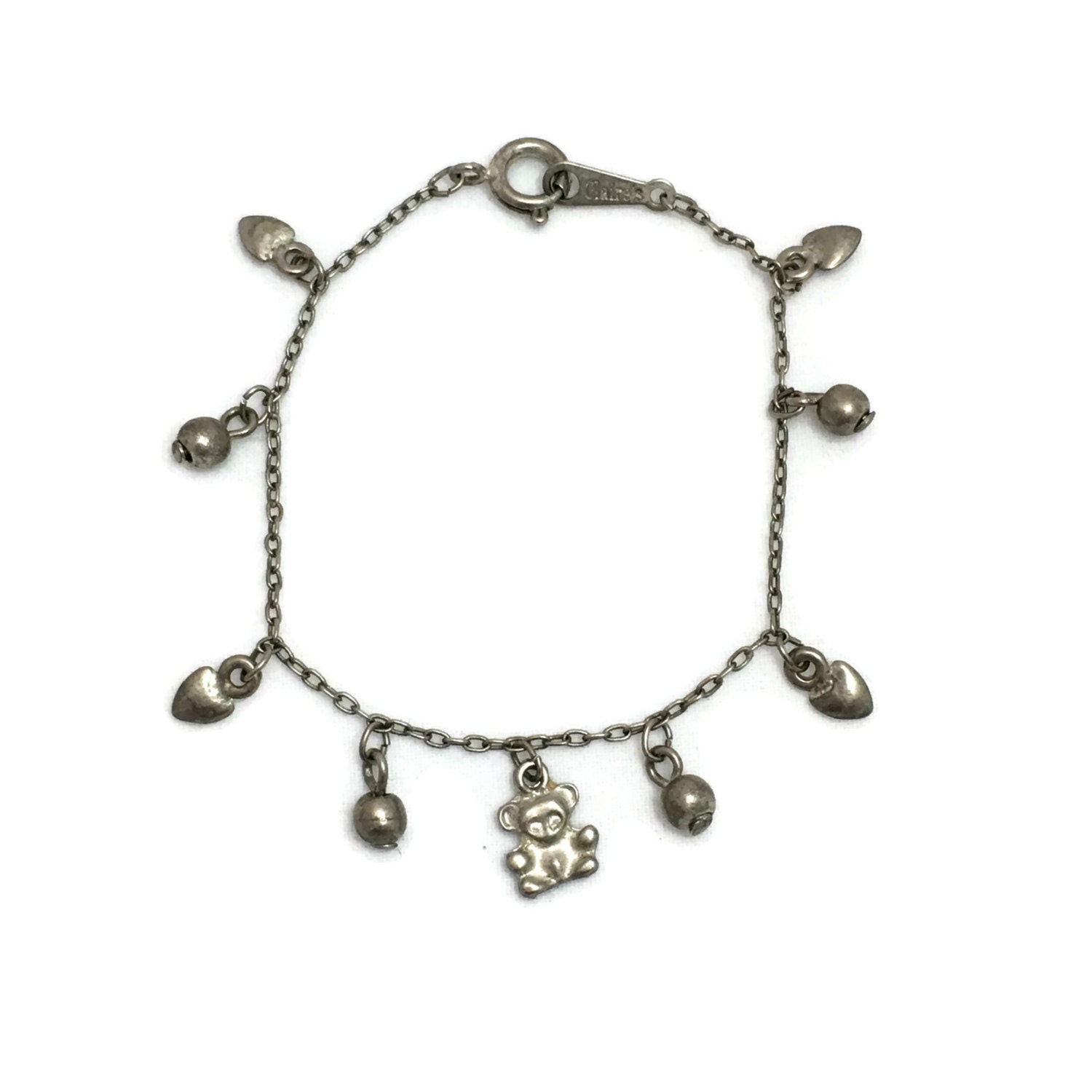 Kind Silber Ton Teddybär Bettelarmband, Bär Und Herzen Armband, Vintage Claires Baby Angelaufene Silber-Optik Kind Silber Ton Teddybär Bettelarmband, Bär Und Herzen Armband, Vintage Claires Baby Angelaufene Silber-Optik von TexasGalTreasures