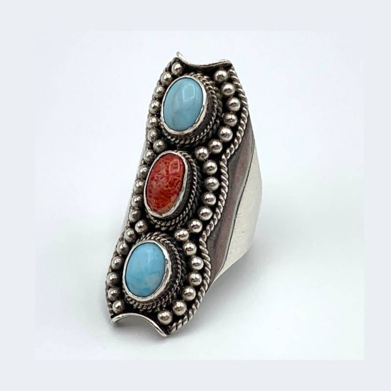 Southwest Spiny Oyster Larimar Ring, Sterling Silber Groß Knuckle Türkis Blau Und Rot Oval Steinring, 925 Statement Ring von TexasGalTreasures