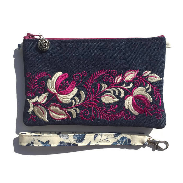 Bestickte Jeans Geldbörse, Iphone 6 Armband, Fuschia, Creme, Smartphone Portemonnaie, Damen Galaxy Note, Handytasche, Text Und Tote® von TextandTote