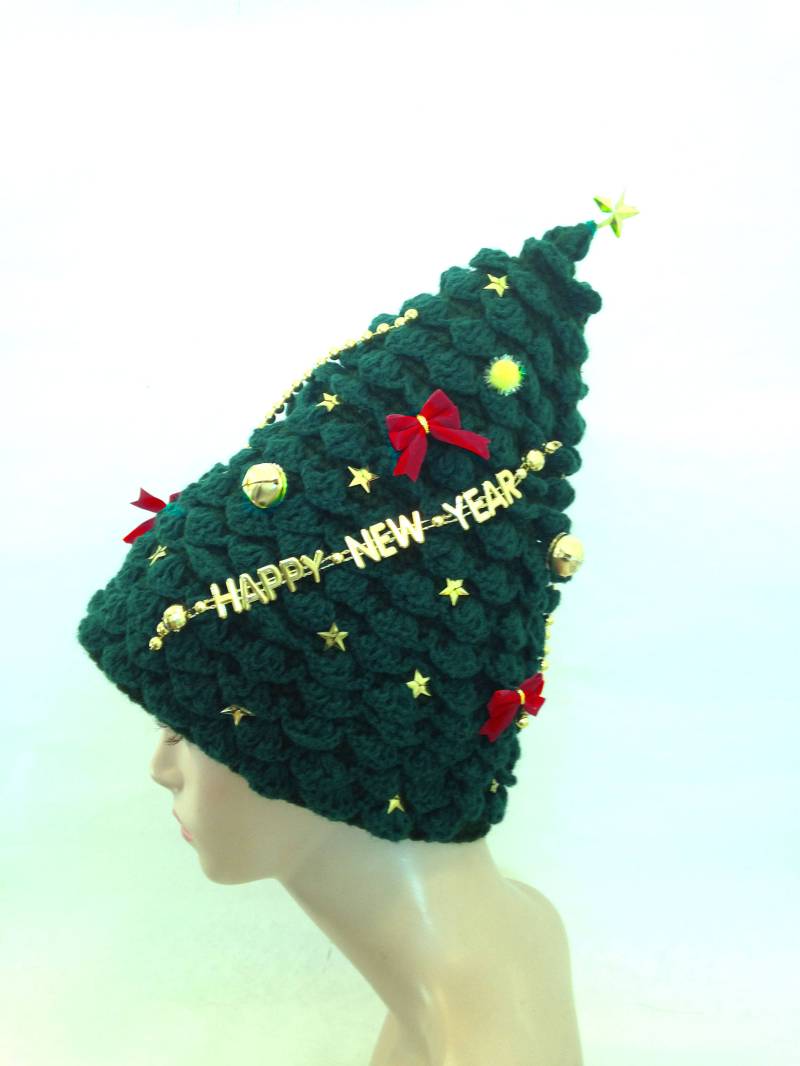 Weihnachtsbaum Hut Handgestrickte Kreative Grün Ungewöhnliche Frauen Festival Kleidung Unisex Funky Verrückte Für Erwachsene von TextileDreamsByIRYNA
