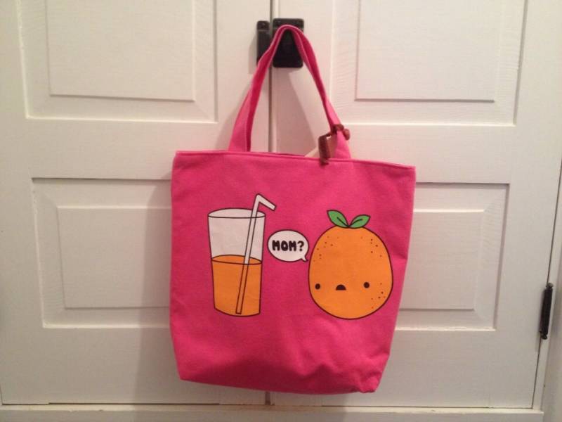 Rosa Einkaufstasche Mit Orange Und Orangensaft, Upcycled, Recycelte T-Shirt Tasche von TextileStockpile