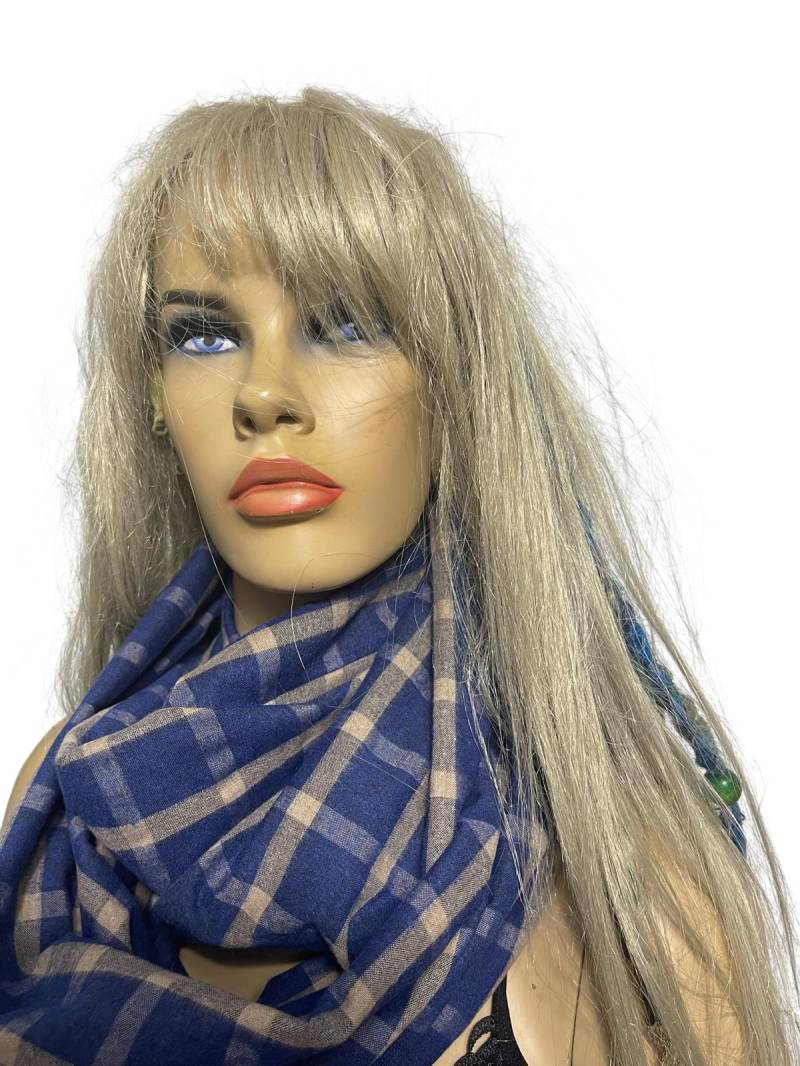 Navy Beige Karierter Flanell Infinity Schal Unisex Winter Schal von Textilemonster