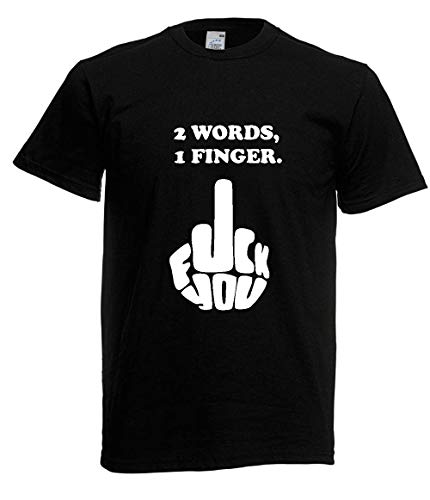 T-Shirt - 2 Words 1 Finger Mittelfinger Fuck Off You (Schwarz, L) von Textilhandel Hering