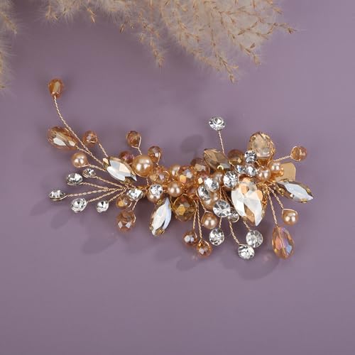 Teyglen Braut-Haarspange mit Strasssteinen, Champagnerperle, Kristall, glitzerndes Haarteil, Hochzeits-Haarspangen, Haarschmuck, Schmuck für Damen, Champagnerfarben von Teyglen