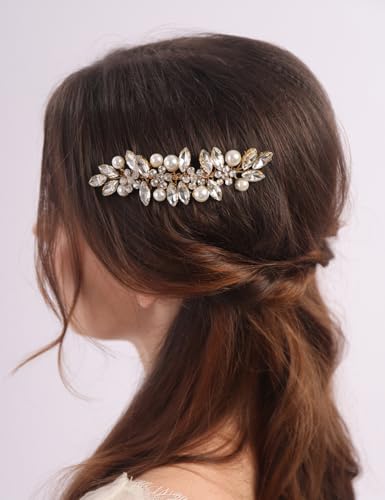 Teyglen Goldfarbener Brautschmuck mit Kristall-Hochzeits-Haarkamm, Blumen-Haarkamm mit Strass-Perlen, Haarteil für Party, Abschlussball, Haar-Accessoires, zierlicher Seitenkamm von Teyglen