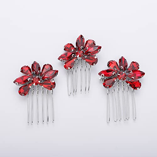 Teyglen Haarkamm-Set mit einfachen Strasssteinen, handgefertigt, rot, blau, schwarz, Kristall, seitliche Haarkämme, Brautschmuck-Set für Damen, Braut, Mädchen (rot) von Teyglen