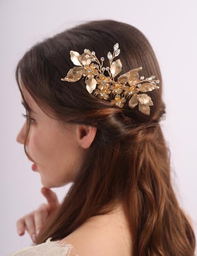 Teyglen Haarkamm mit goldfarbener Blume, Blatt-Braut-Kopfschmuck, Brautschmuck, Haarkamm, Strass, Haarschmuck für Frauen und Mädchen von Teyglen