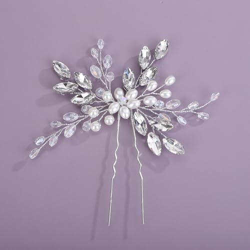 Teyglen Haarnadeln mit Strasssteinen, silberfarbene Blume, Brautschmuck, Kristallperle, Haarnadeln für Braut, dekorativer Haarschmuck für Frauen (Silber) von Teyglen