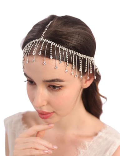 Teyglen Kristall-Kopfkette, silberfarben, Strass, Quaste, Kopfkette, Boho-Kopfschmuck, Strass-Stirnband, Hochzeitskostüm, Haarschmuck für Damen (Gold) von Teyglen