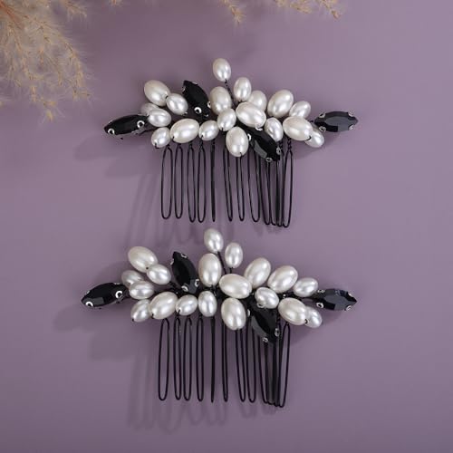 Teyglen Perlen-Hochzeits-Haarkamm, schlichtes Strass-Perlen-Haarteil, schwarzer Kopfschmuck, Brautschmuck, Kristall-Perlen, Haarkamm, eleganter Haarschmuck für Frauen (schwarz) von Teyglen