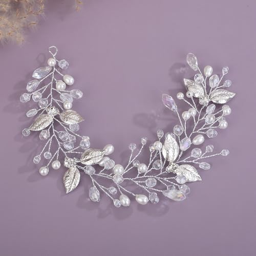 Teyglen Silbernes Blatt Kristall Haar Rebe Braut Strass Stirnband handgefertigt Kristall Perle Haarteil Blatt Kopfschmuck Hochzeit Haarschmuck für Frauen (Silber) von Teyglen