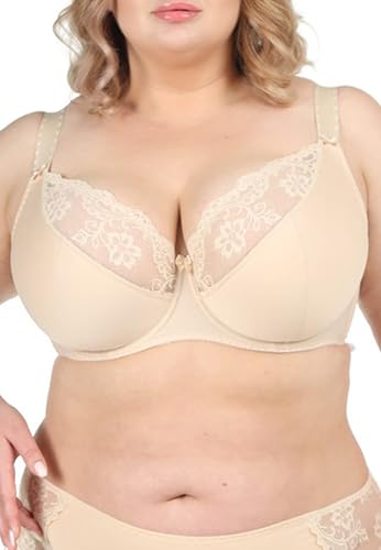 Teyli Baumwolle Minimizer BH mit Bügel und Spitze – Komfort BH für große Größen – Starker Halt für große Brüste – Damen BHS mit Spitzen-Cups Beige 85I von Teyli