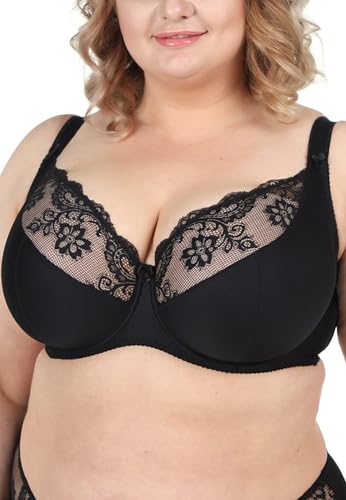 Teyli Baumwolle Minimizer BH mit Bügel und Spitze – Komfort BH für große Größen – Starker Halt für große Brüste – Damen BHS mit Spitzen-Cups Schwarz 95G von Teyli