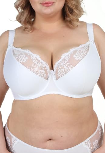 Teyli Baumwolle Minimizer BH mit Bügel und Spitze – Komfort BH für große Größen – Starker Halt für große Brüste – Damen BHS mit Spitzen-Cups Weiß 100F von Teyli