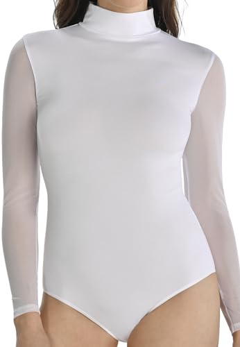 Teyli Bodys Damen Women aus Hochwertigem Material - Langarm Body Damen Taillierter - Bodysuit Damen mit Rollkragen - Body Damen aus Spitze - Bodys für Damen (Weiß, S) von Teyli