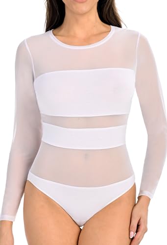 Teyli Bodysuit Women Damen Body Elegant - Mesh Top Body Langarm Damen - Body Damen Langarm Bodysuit Women Langarm aus Viskose und Mesh Weiß M von Teyli
