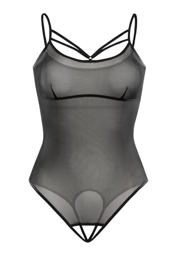 Teyli Body Damen - Bodysuit Women - Damen Body Spaghettiträger - Basic Body Damen an Riemen - Body Ouvert Tanga - Mesh Top Body Damen Ouvert Schwarz XXL/3XL von Teyli