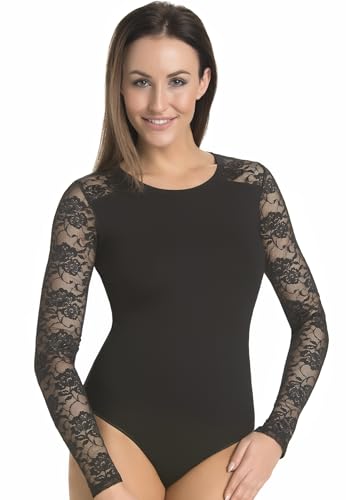 Teyli Damen Langarm Body mit Spitze Darotte Schwarz 2XL von Teyli